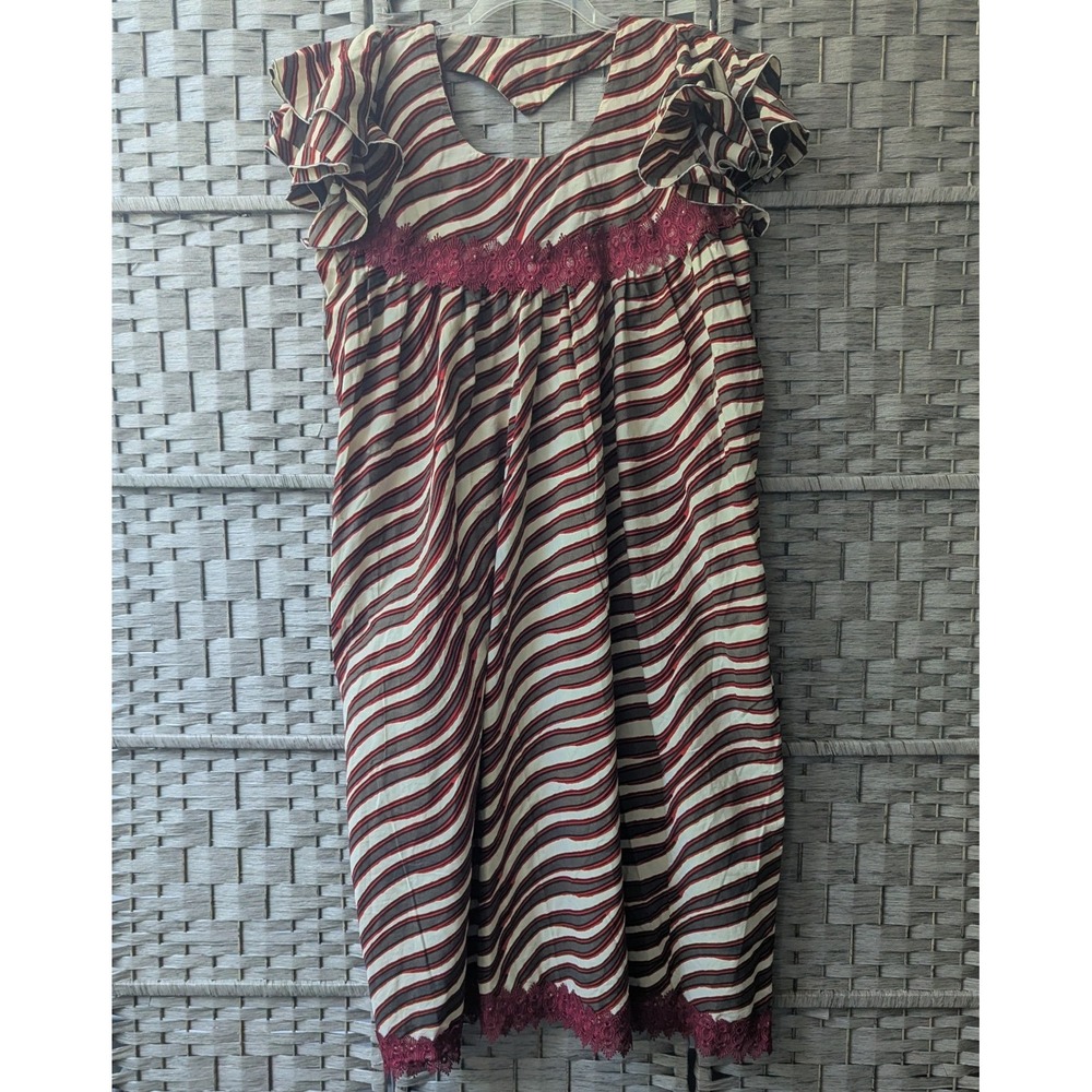 Handmade Midi Dress Red Brown Wavy Stripe Ruffle Sleeve Lace Trim Measures Sz L